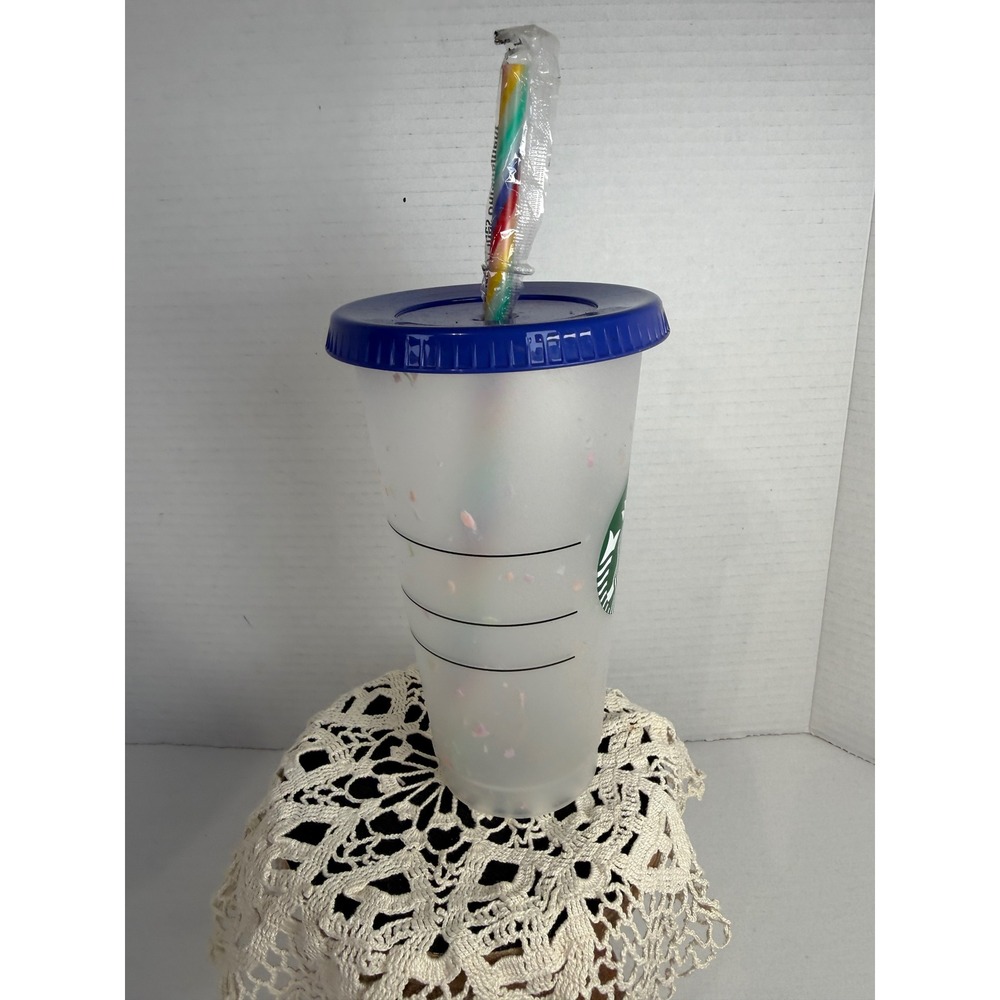 Starbucks Confetti Reusable Cold Cup 24oz Venti Blue Lid Rainbow Straw New